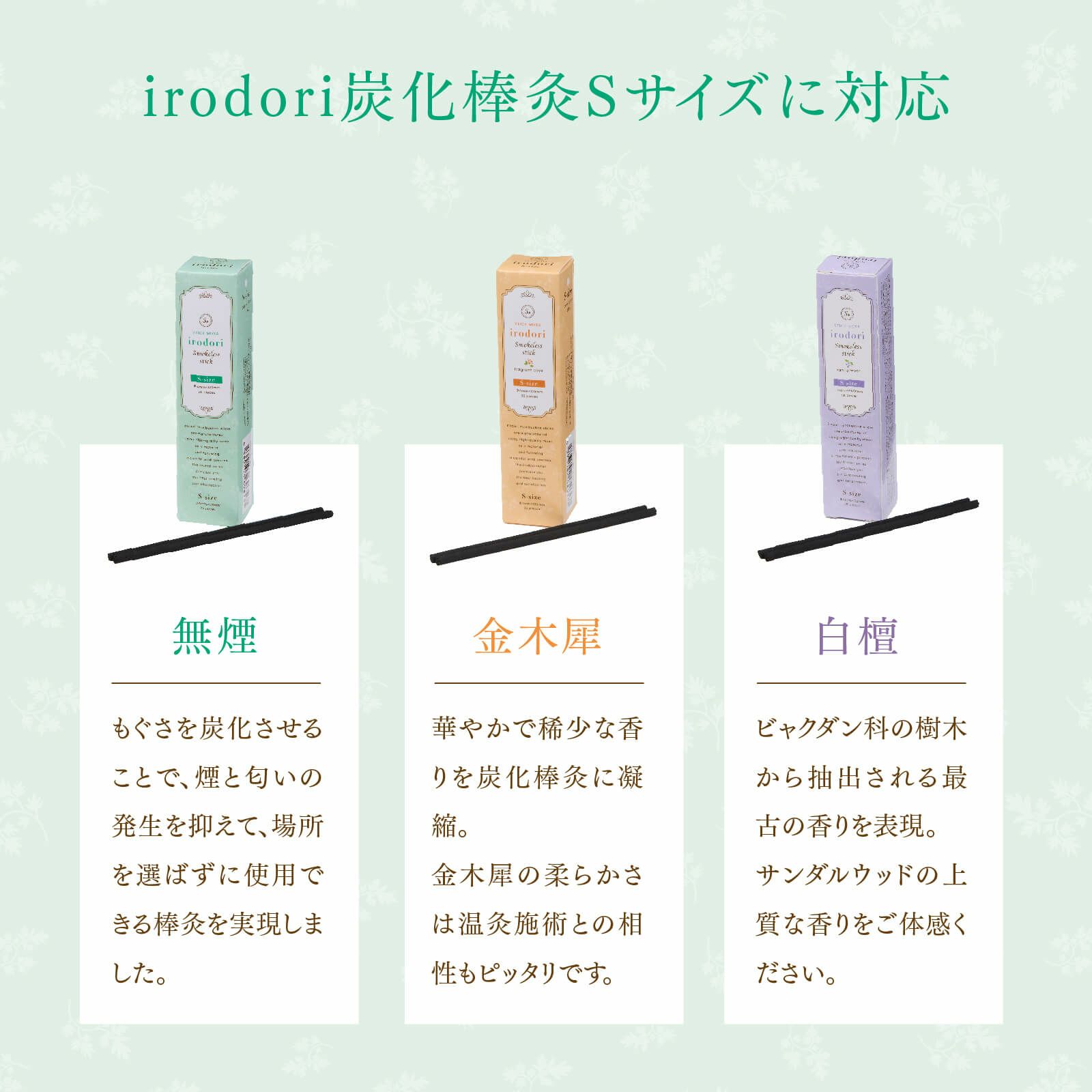 irodori 温灸ローラー＋炭化棒灸セット（S）無煙／金木犀／白檀